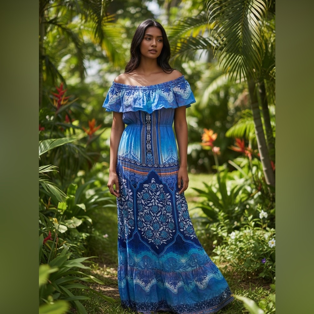 NWT Hale Bob Off Shoulder Tonal Blue Maxi Dress Flowy Oversized XS-Med Tropical